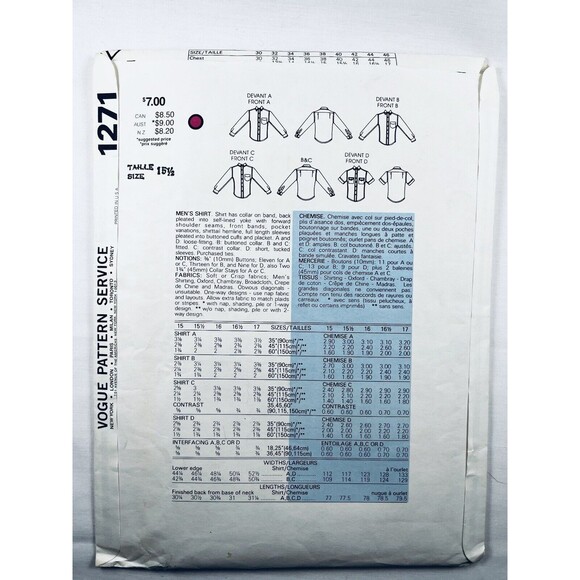 Vintage Vogue Pattern 1271 Men’s Shirt Sewing Pattern Sz 15.5 Chest 40 UNCUT - Picture 2 of 2